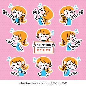 A woman pointing in various directions.