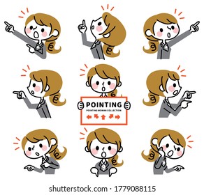 A woman pointing in various directions.