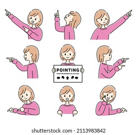 A woman pointing in various directions.