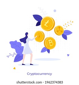 Woman pointing at various golden crypto coins. Concept of cryptocurrencies, bitcoin and altcoins, digital currencies based on blockchain technology. Modern flat colorful vector illustration for poster