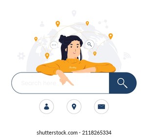 Woman pointing at web browser online, search engine bars, seo optimization, concept illustration