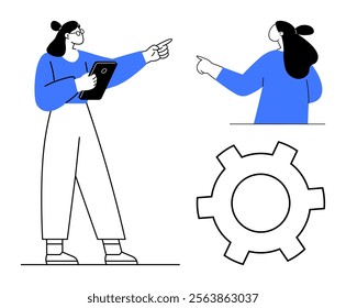 Woman pointing while holding a tablet, engaging with another person, and a gear symbol. Ideal for business, teamwork, technology, communication, and leadership. Simple minimalist style