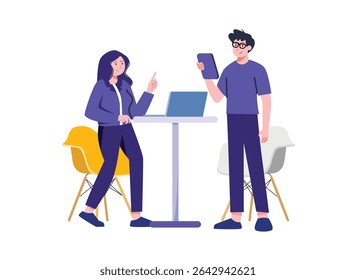 woman pointing while talking to a man holding a tablet in a brightly lit studio setting with laptop and chairs, creating a friendly and modern atmosphere ideal for business 