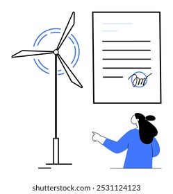 Woman pointing at a wind turbine and a signed document. Ideal for clean energy, documentation, environmental protection, renewable resources, and sustainable development. Minimalistic vector style