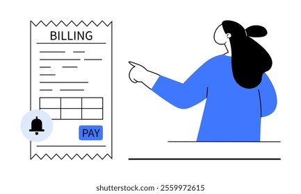 Woman points to a billing statement with reminder and pay button. Ideal for finance, payments, notifications, reminders, business. Features simplified design with clear payment indicator and bell