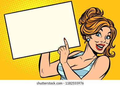 woman points to a blank. Comic cartoon pop art retro vector illustration drawing