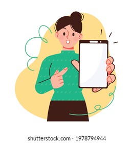 A woman points to a blank screened smartphone. Smartphone application or site promotion concept vector illustration.