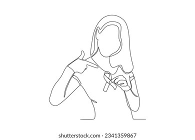 A woman points to a breast cancer awareness band. Breast cancer awareness month one-line drawing