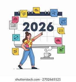 A woman points to a calendar displaying the year 2026, surrounded by sticky notes and icons representing planning and goals.