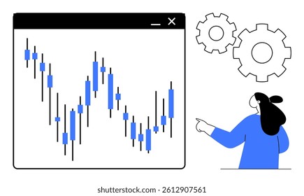 Woman points to candlestick chart displayed on window with gears in background. Ideal for financial analysis, technical charting, data visualization, business presentations, and stock market