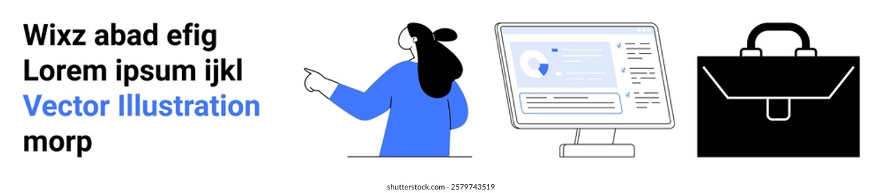 A woman points to a computer screen displaying data, accompanied by a black briefcase. Ideal for business, technology, work, presentations, and digital interfaces. Banner for landing page