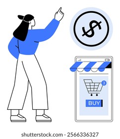 A woman points at a dollar symbol while an online shopping interface with a Buy button and a shopping cart icon is displayed on a mobile device screen. Ideal for e-commerce, financial transactions