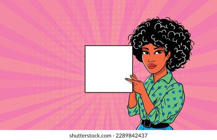 La mujer señala una plantilla vacía. cómic de ilustraciones vectoriales de arte pop retro