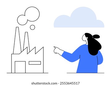 A woman points at a factory emitting smoke next to a cloud. Ideal for pollution awareness environmental impact industrialization sustainability education. Simple minimalistic style