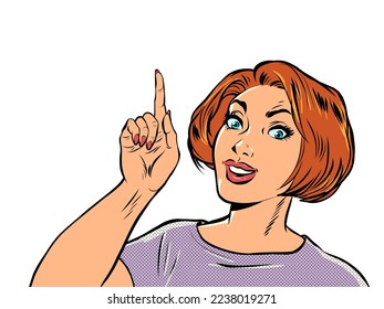 woman points finger gesture, quality recommendation, hand gesture, advertisement announcement. pop art retro vector illustration kitsch vintage 50s 60s style