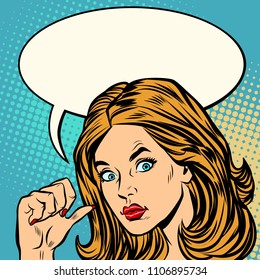 woman points finger at on themselves. Pop art retro vector illustration kitsch vintage drawing