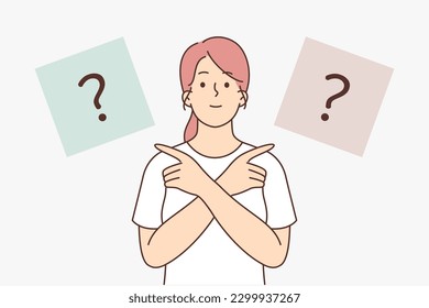 Woman points fingers in different directions trying to choose best of options and make difficult decision. Woman has difficulty thinking about important decision in face of uncertainty