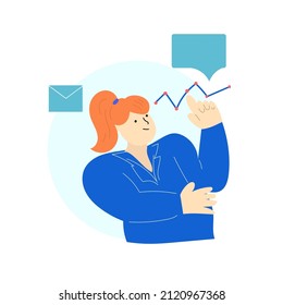 The woman points to the graph. Vector illustration on the theme of trading and finance. Trendy flat illustration for apps.