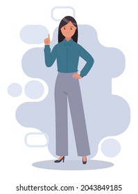 The woman points up with her index finger. Vector illustration in a flat style.