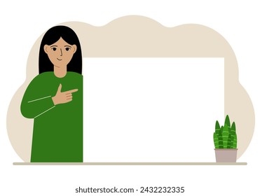 A woman points his finger at a clean large banner, a blank poster or a large white sheet of paper with space for text.