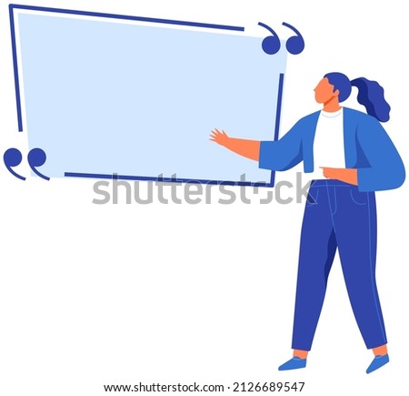 Woman points to huge speech bubble vector illustration. Communication, dialogue, conversation symbol. Free talk, colloquial speech concept. Lady says phrase, saying. Bubble for text with conversation