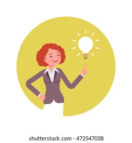 Woman points to a lamp. Yellow circle background. Cartoon vector flat-style concept illustration