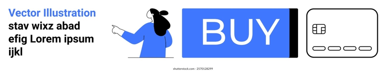 Woman points to a large blue Buy button next to an icon of a shopping cart. Ideal for e-commerce, digital marketing, online shopping, customer engagement, website UI design. Banner for landing page