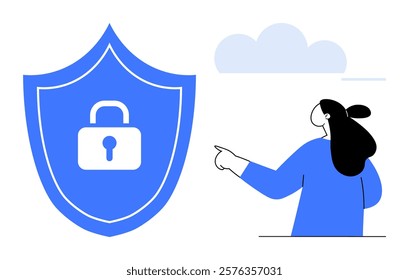 Woman points at locked security shield under cloudy sky. Ideal for data security, digital privacy, internet safety, cybersecurity awareness, and technology protection themes. Modern flat style