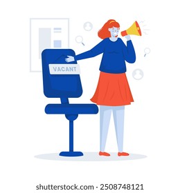 A woman points to a office seat for available job position, job recruitment concept, Empty chair for new job candidate, Vector illustration