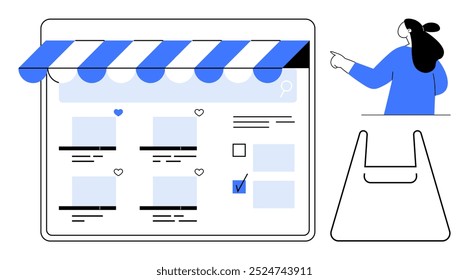 Uma mulher aponta para uma loja on-line com um toldo listrado, listas de produtos e uma caixa de seleção. Ideal para temas de comércio eletrônico, compras on-line, varejo, interface do usuário e digital