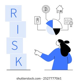 A woman points at a pie chart connected to icons representing Bitcoin, real estate, certificates, and contracts, next to stacked blocks spelling RISK. Ideal for finance, investments, risk management