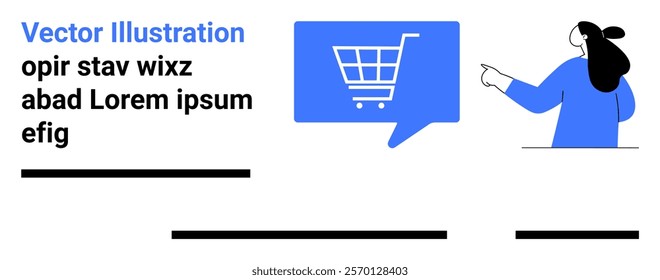 A woman points to a shopping cart icon placed within a speech bubble. Ideal for e-commerce, online shopping, digital marketplaces, customer engagement, and web banners. Banner for landing page