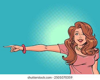 The woman points to the side. Directing the customer journey. Assistance in navigation for the company. Comic cartoon pop art retro vector illustration hand drawing