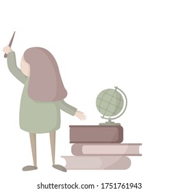The woman points to something. The concept of learning with a teacher, books, a globe.