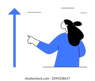 A woman points towards a blue upward arrow, symbolizing growth and direction. Ideal for business development, career progression, motivation, success, and leadership themes. Minimalist, modern, clean