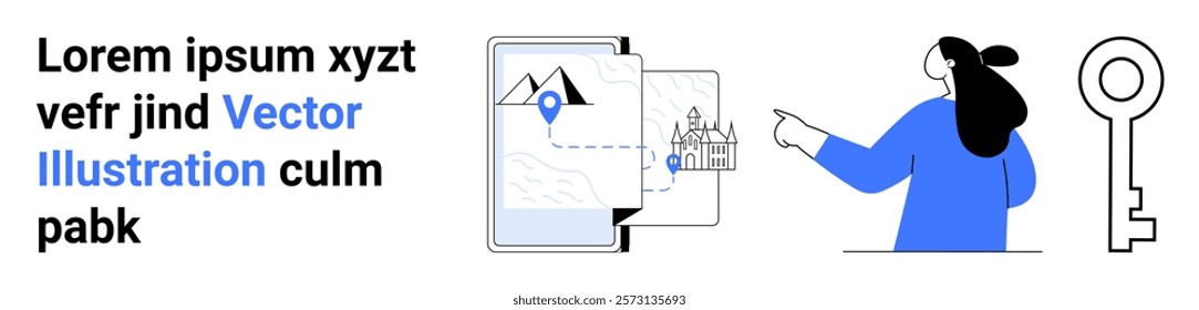 Woman points towards a digital map with a mountain and landmark icon on a tablet. Nearby is a large key symbol. Ideal for technology travel navigation security online services. Banner for landing