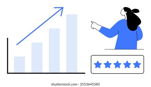 A woman points towards an upward trending bar graph and a five-star rating box. Ideal for progress, success, achievement, performance, and growth themes. Simple and modern style