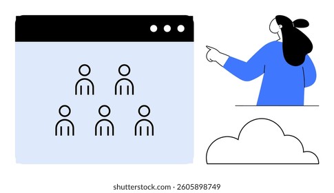 A woman points towards a web browser window displaying user icons. Below is a cloud symbol. Ideal for teamwork, remote work, collaboration, communication, and cloud services. Minimalist, modern