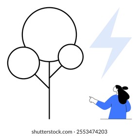 Woman points at a tree with a lightning bolt in simple minimalist design. Ideal for nature, education, environment, technology, and illustration themes. Clean lines and monochromatic colours with a