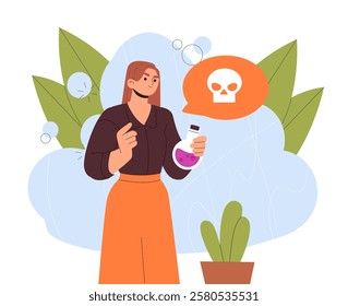 Woman with poison. Young girl with death potion in glass flask. Dangerous chemicals in jar. Toxic drink and beverage. Person with evil plans. Flat vector illustration