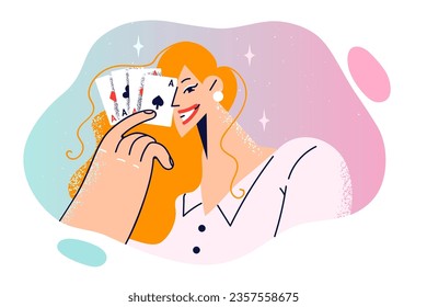 Woman poker player holds combination of four of aces, bringing playing cards to face. Girl with smile looks at screen inviting to visit poker club or download application with gambling game