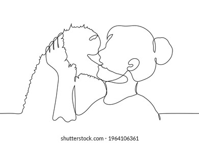 Woman Pokes Her Nose Into The Nose Of A Fluffy Cat - One Line Drawing Vector. Female Pet Owner Holding Kitten