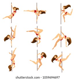 Woman pole dancer dancing poses on pole vector cartoon isolated icons