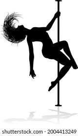 A woman pole dancer exercising for fitness in silhouette