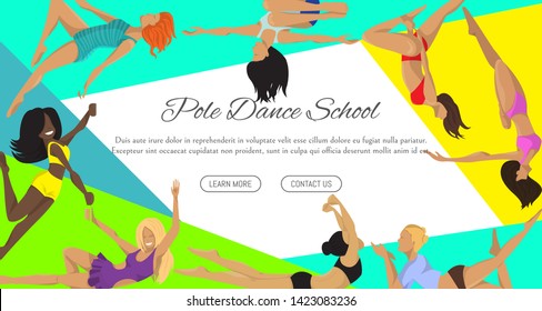 Woman pole dancing studio poster sexy female vector illustration. Professional sensuality human strong performance gymnastics lady. Dancer girls fitness pose exercising poledance school club.