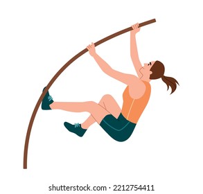 Woman pole vault. Character performs at Olympic Games or World Cup and sets records, active young girl in competitions. Hobby, activity and leisure. Athletics. Cartoon flat vector illustration