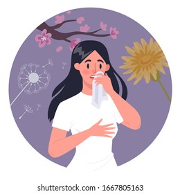 Woman with polen allergy. Runny nose and watery eyes. Seasonal disease. Causes of allergy. Isolated vector illustration in cartoon style
