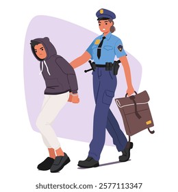 Woman police officer arresting teenage boy leading offender in handcuffs to police station cartoon scene. Young teenager hooligan character caught committing crime and breaking law vector illustration