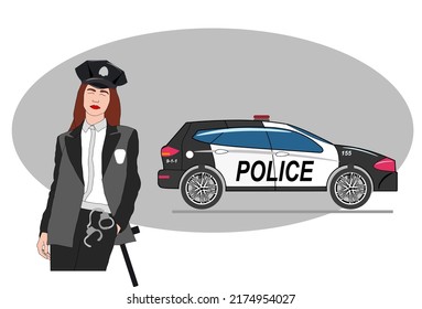 Woman police officer character portrait isolated on white background. Young female cop in uniform. Security guard professional occupation. Policewoman avatar