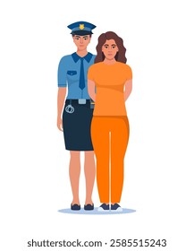 Woman police officer holding handcuffed criminal woman in orange prison uniform. Prisoner standing with police officer.